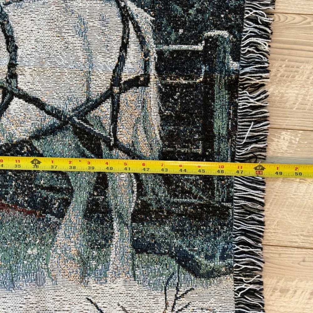 VTG C Cummings Horses Winter Sleigh Woven Tapestry Throw Blanket RARE White